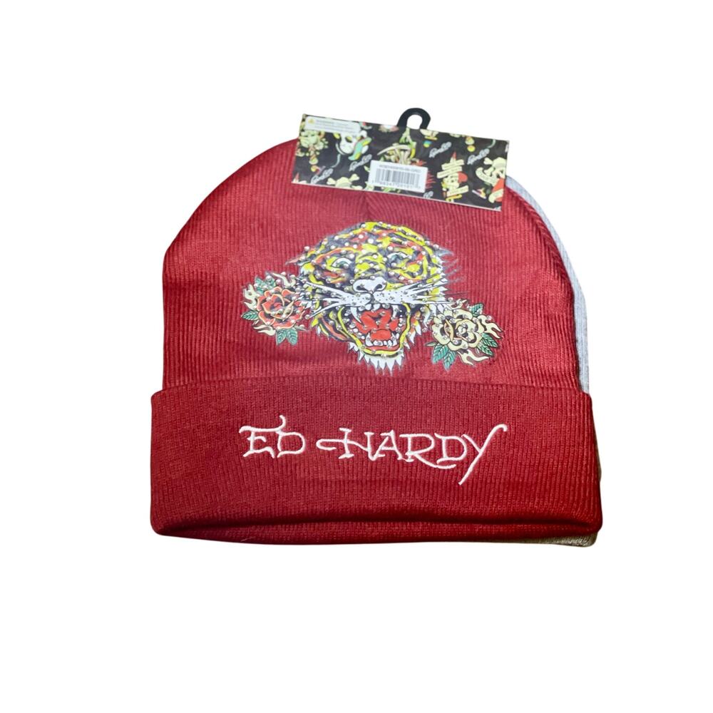 NWT Ed Hardy 2 pk Y2K Hat Beanie Screaming Tiger & Rhinestone Grey Maroon